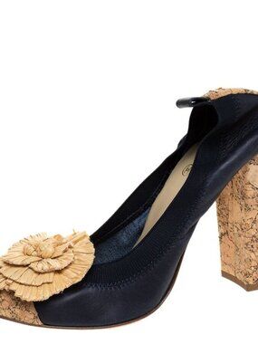 Chanel Navy Leather And Raffia Camellia Scrunch Cork Block Heel Pumps - Size 39